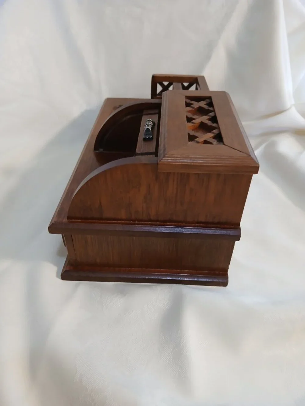 Vintage Mont. Wards Wooden Valet Box with Roll Top Compartment